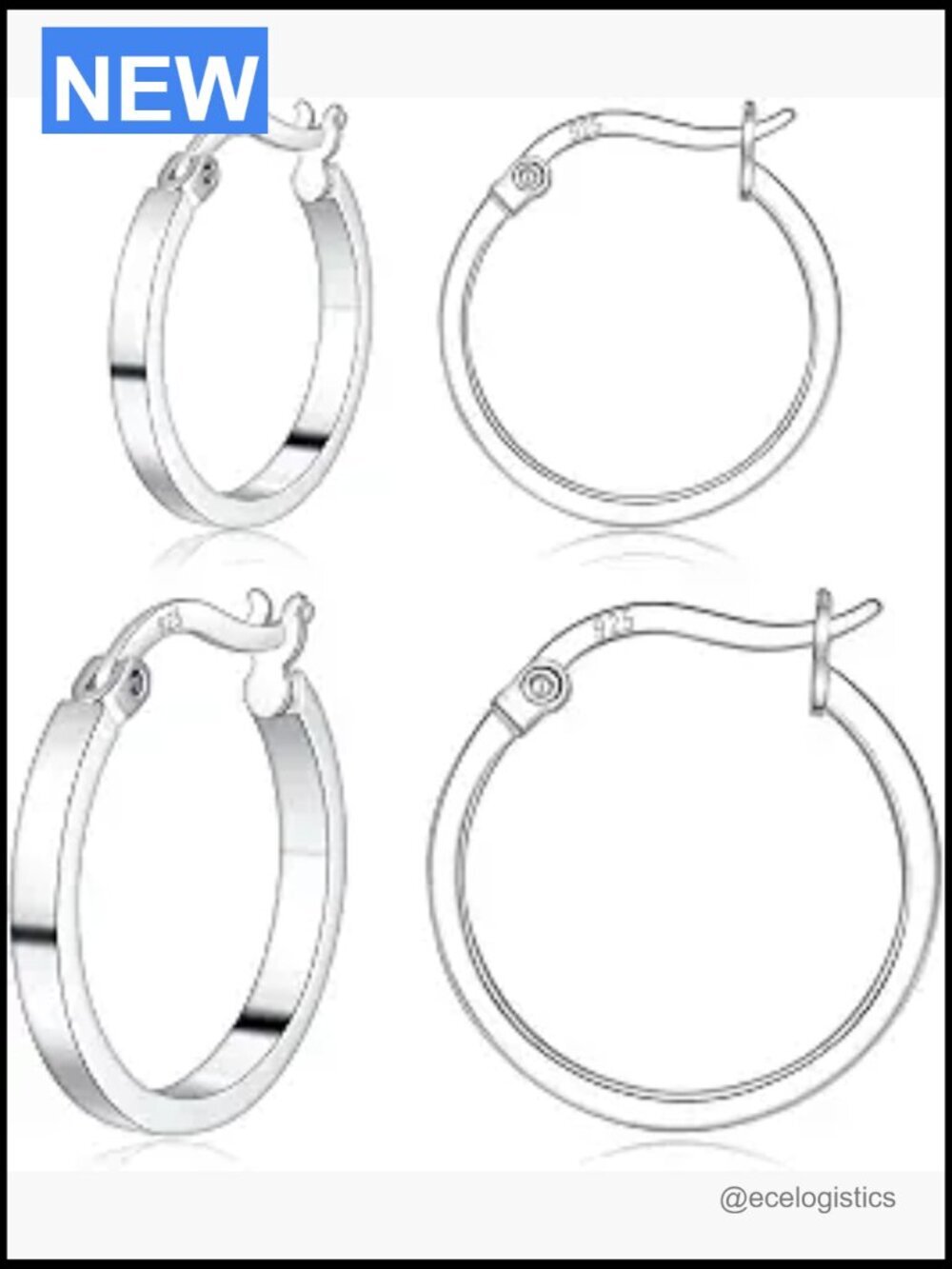 3 Pairs 925 Sterling Silver Hoop Earrings 14K White Gold Plated Hypoallergenic